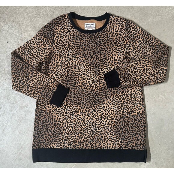 Lands End Leopard Serious Sweats Sweatshirt Womens Medium Animal Print Crew Neck - Picture 1 of 9
